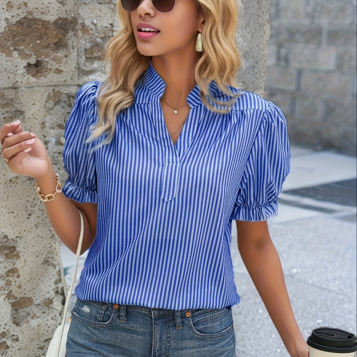 Eydis | Striped V-neck Top with Puff Sleeves
