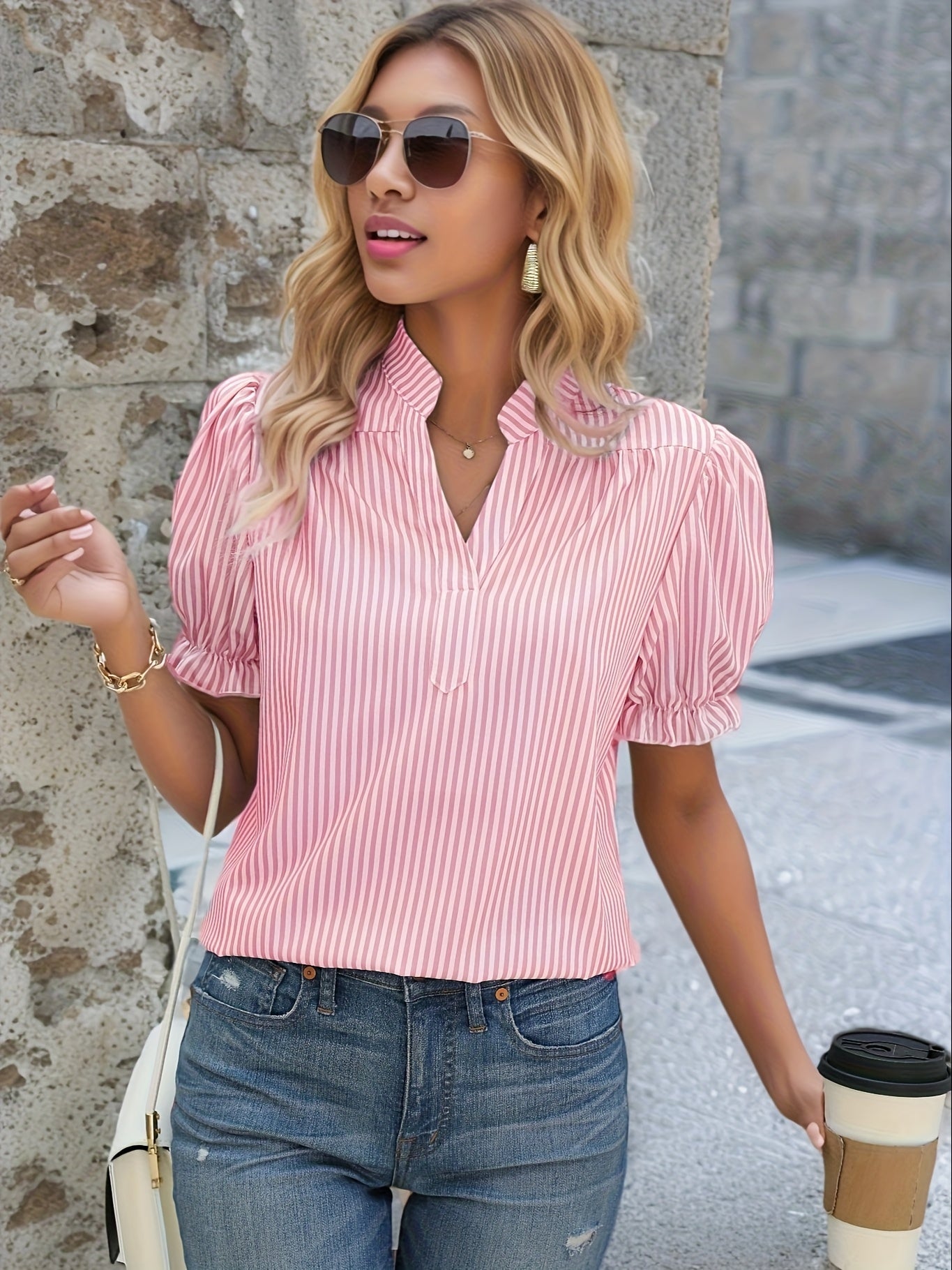 Eydis | Striped V-neck Top with Puff Sleeves
