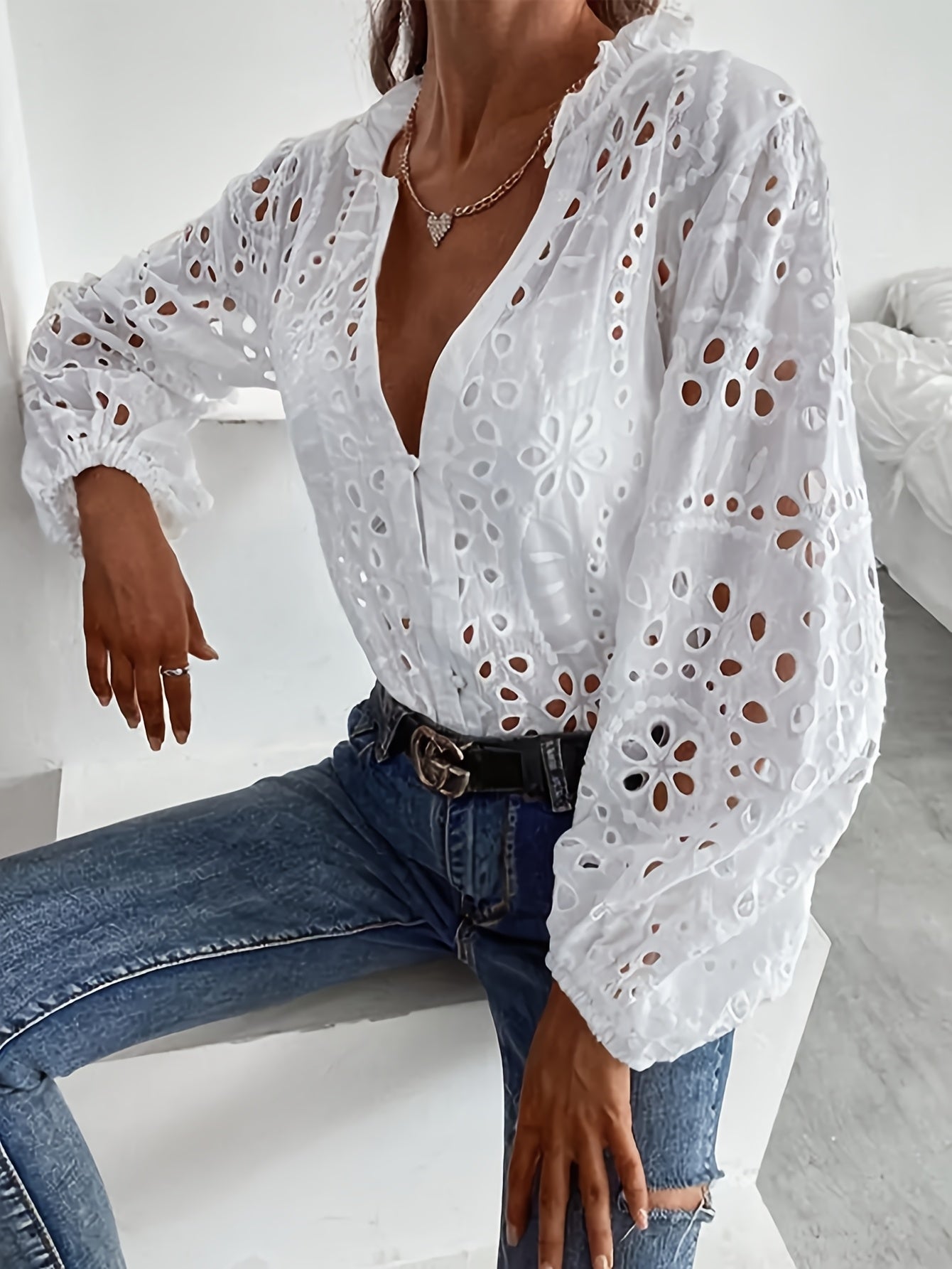 Hannah | Broderet Langærmet Bluse