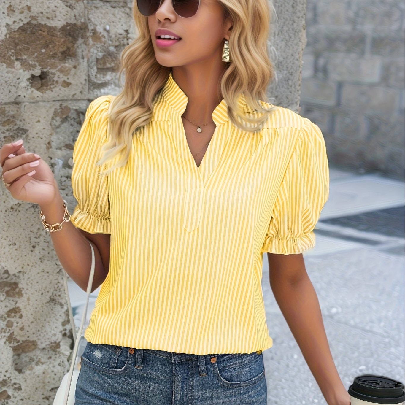 Eydis | Striped V-neck Top with Puff Sleeves