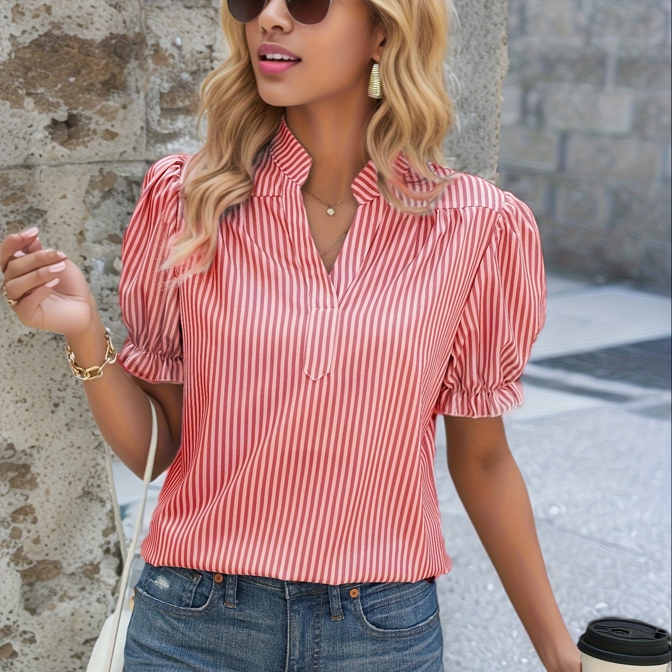 Eydis | Striped V-neck Top with Puff Sleeves