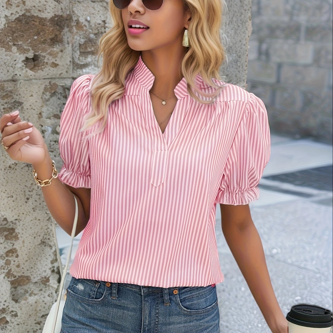 Eydis | Striped V-neck Top with Puff Sleeves