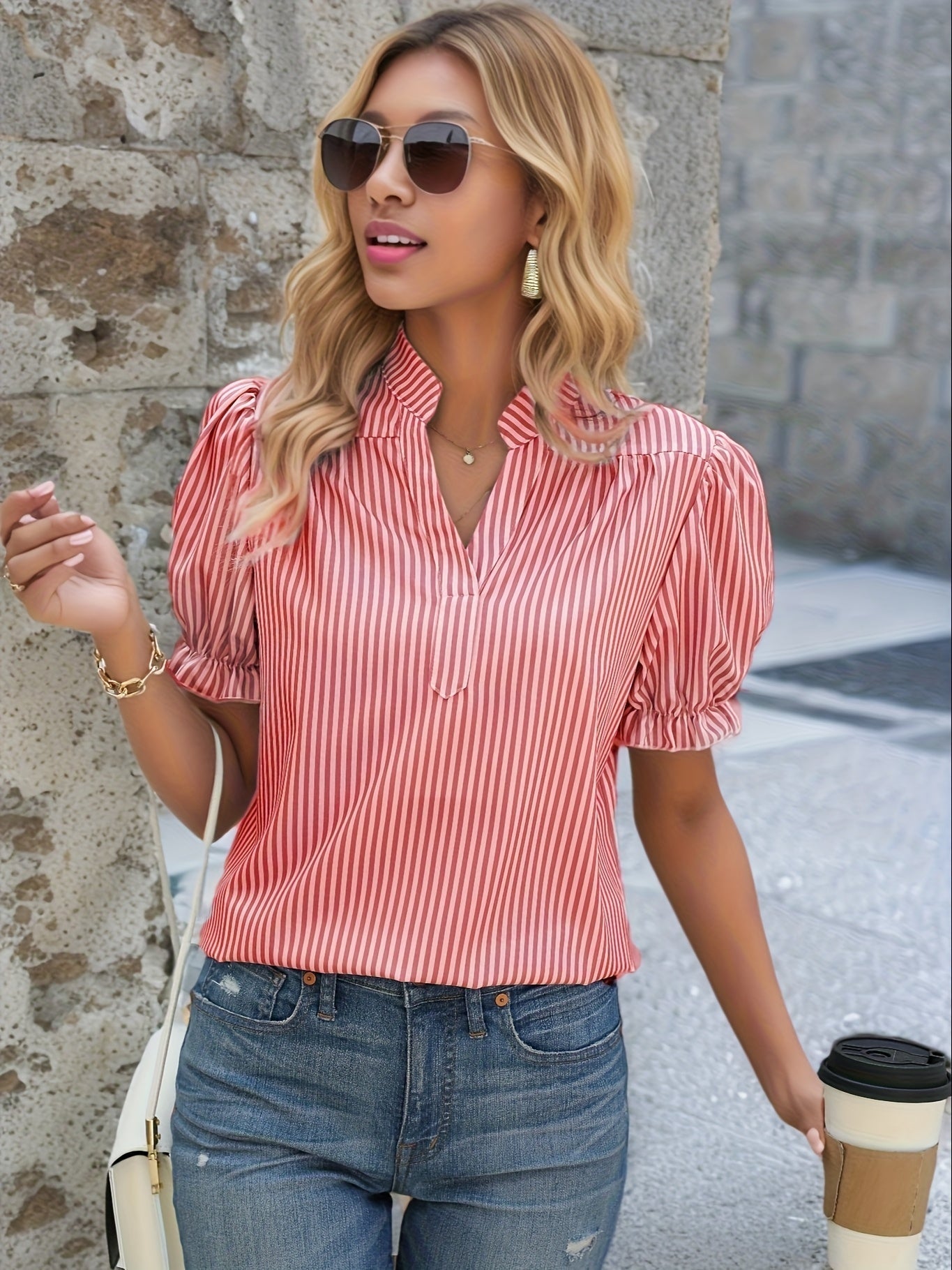 Eydis | Striped V-neck Top with Puff Sleeves