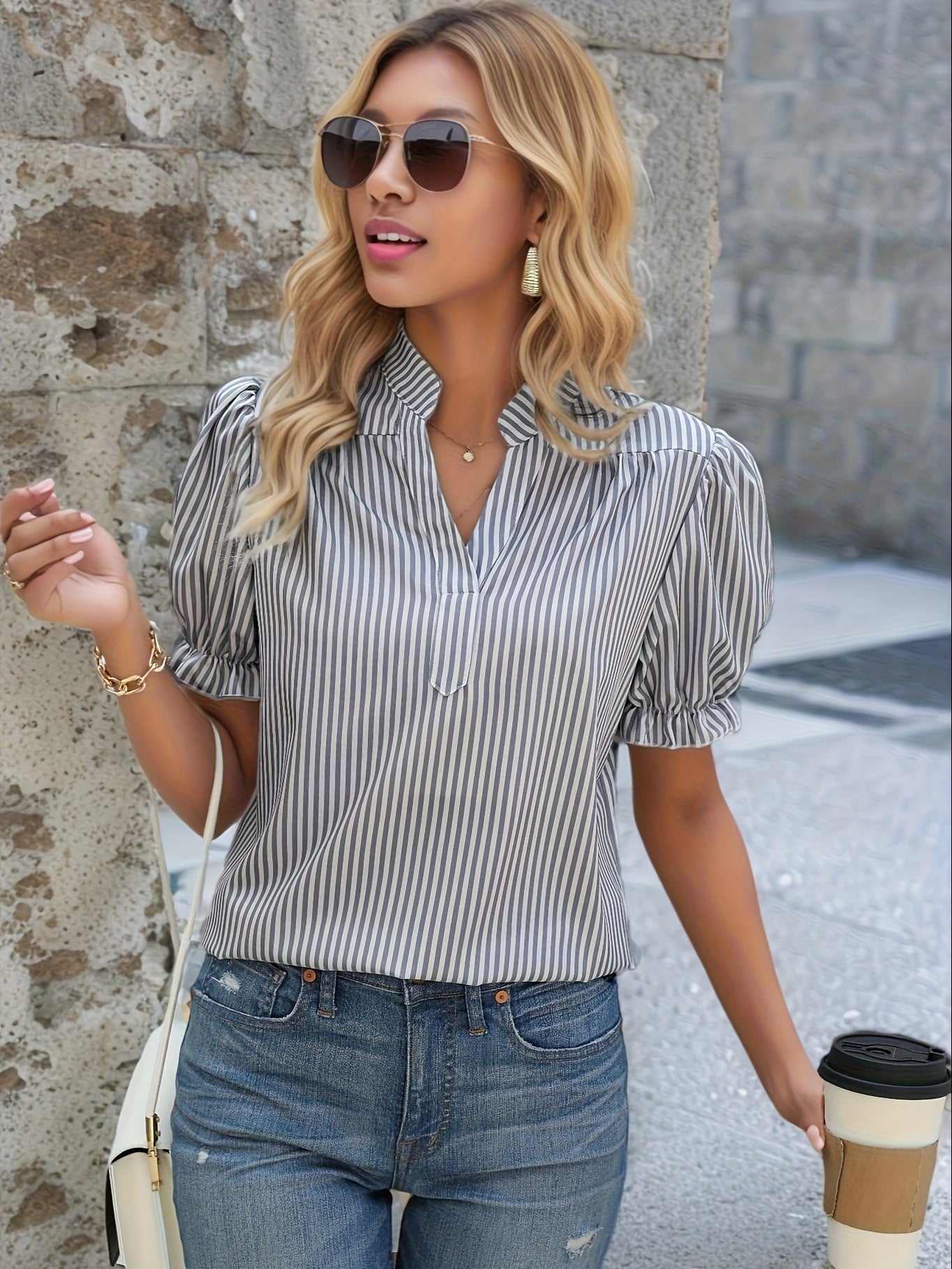 Eydis | Striped V-neck Top with Puff Sleeves