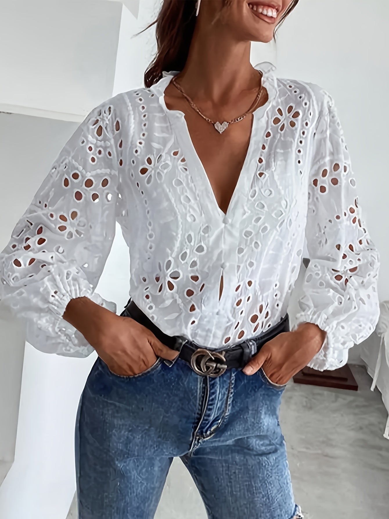 Hannah | Broderet Langærmet Bluse