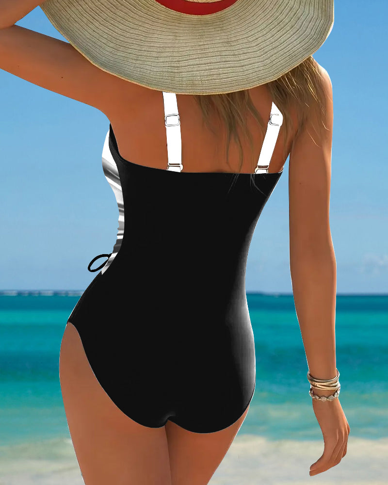 One-Piece Swimsuit with Contrasting Drawstring