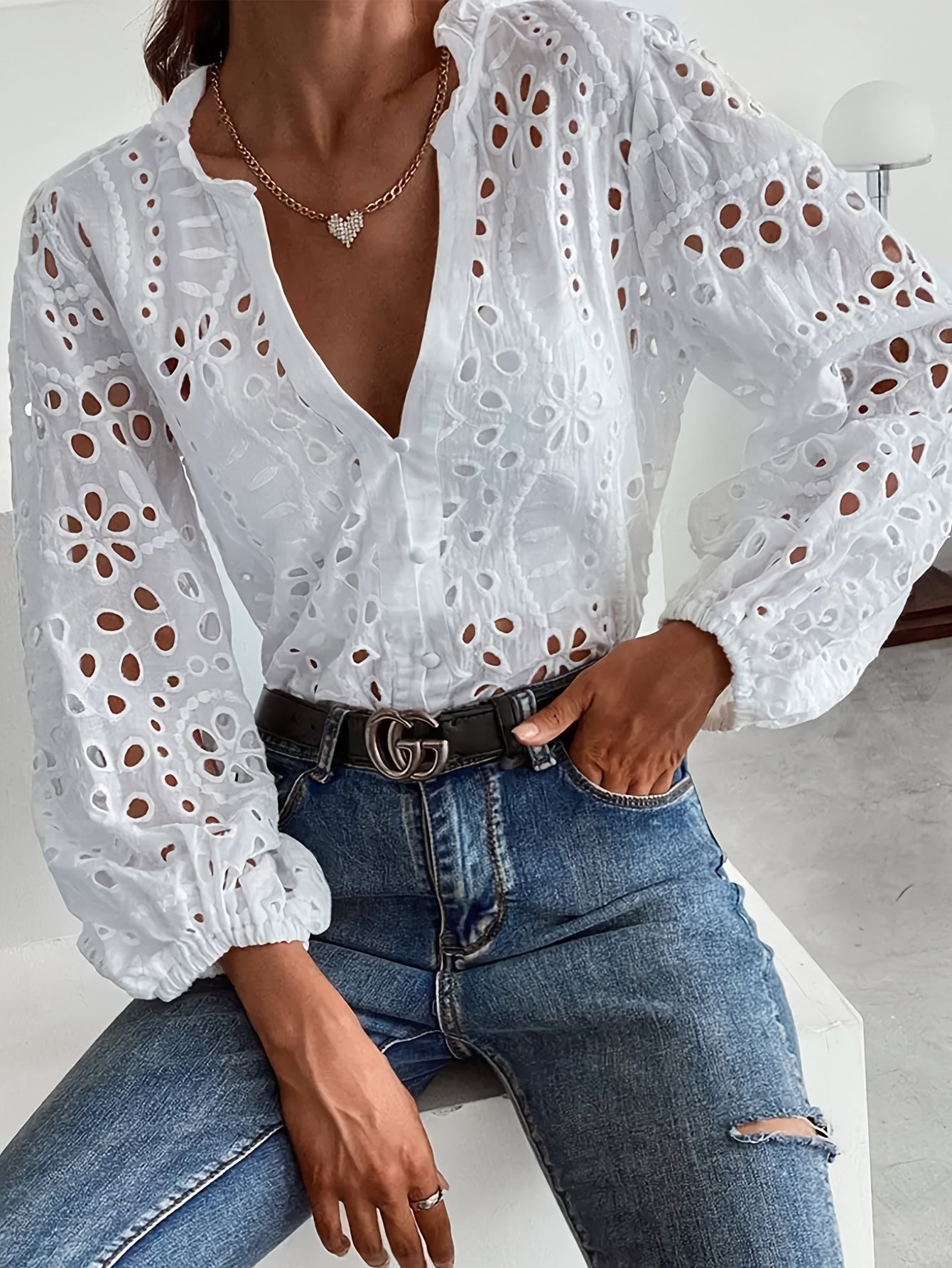 Hannah | Broderet Langærmet Bluse