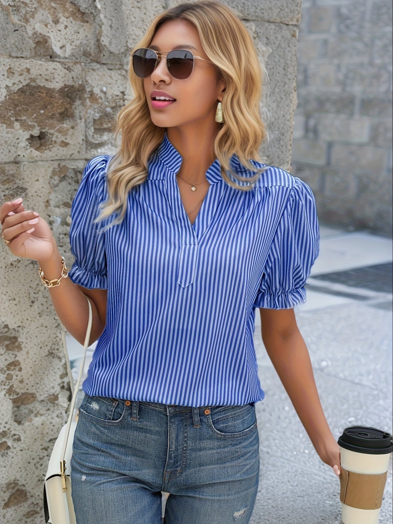 Eydis | Striped V-neck Top with Puff Sleeves