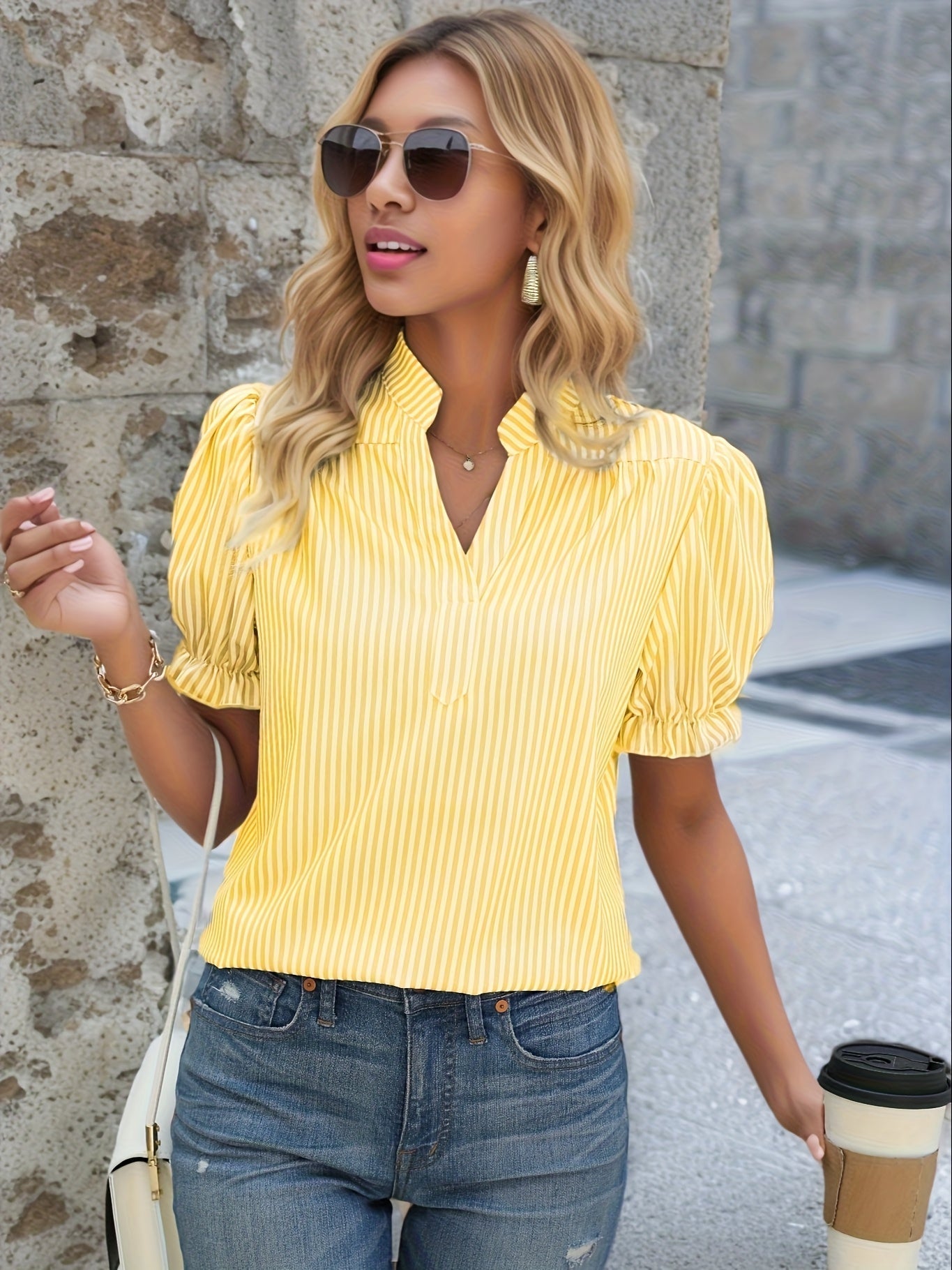 Eydis | Striped V-neck Top with Puff Sleeves
